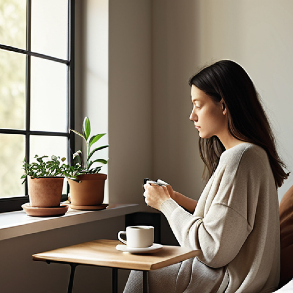 **

A serene morning scene. A woman sits by a window bathed in soft morning light, slowly sipping coffee. Focus on the peaceful atmosphere, a minimalist aesthetic, and the feeling of self-reflection. The scene should evoke a sense of calm and mindfulness. Include elements like a journal and a plant.

**