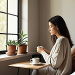 **

A serene morning scene. A woman sits by a window bathed in soft morning light, slowly sipping coffee. Focus on the peaceful atmosphere, a minimalist aesthetic, and the feeling of self-reflection. The scene should evoke a sense of calm and mindfulness. Include elements like a journal and a plant.

**
