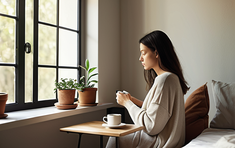**

A serene morning scene. A woman sits by a window bathed in soft morning light, slowly sipping coffee. Focus on the peaceful atmosphere, a minimalist aesthetic, and the feeling of self-reflection. The scene should evoke a sense of calm and mindfulness. Include elements like a journal and a plant.

**