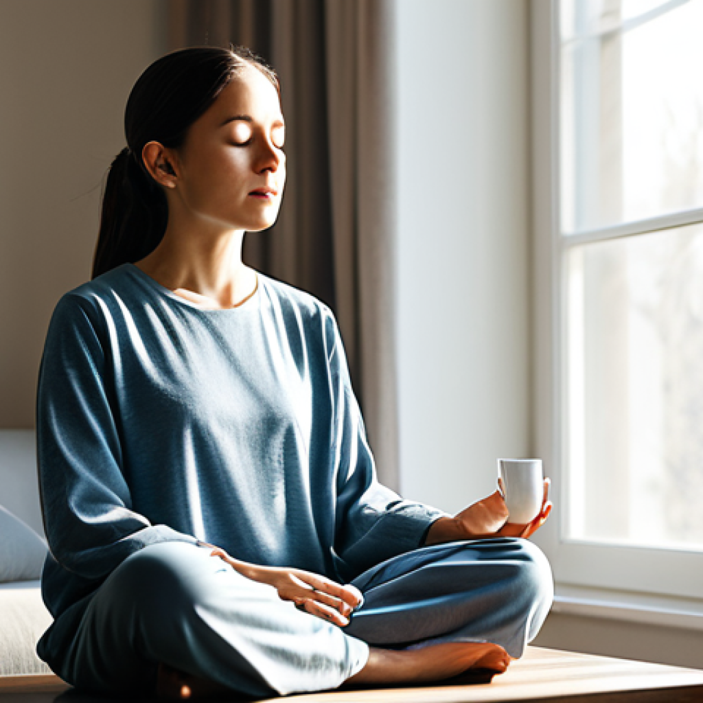 A serene professional woman, fully clothed in modest, comfortable loungewear, is performing a gentle mindfulness meditation in a sunlit, minimalist living room. Her eyes are softly closed, and her hands rest calmly in her lap. A warm cup of herbal tea sits on a small, uncluttered table beside her. Soft morning light streams through a large window, creating a peaceful and quiet atmosphere.
    *   **Qualifiers:** safe for work, appropriate content, fully clothed, professional, modest, perfect anatomy, correct proportions, natural pose, well-formed hands, proper finger count, natural body proportions, high-quality professional photography, soft focus, calming atmosphere.