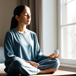 A serene professional woman, fully clothed in modest, comfortable loungewear, is performing a gentle mindfulness meditation in a sunlit, minimalist living room. Her eyes are softly closed, and her hands rest calmly in her lap. A warm cup of herbal tea sits on a small, uncluttered table beside her. Soft morning light streams through a large window, creating a peaceful and quiet atmosphere.
    *   **Qualifiers:** safe for work, appropriate content, fully clothed, professional, modest, perfect anatomy, correct proportions, natural pose, well-formed hands, proper finger count, natural body proportions, high-quality professional photography, soft focus, calming atmosphere.
