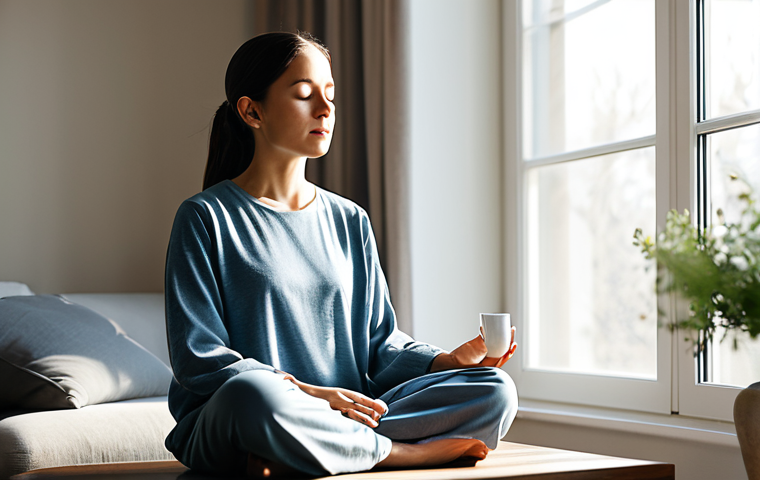 A serene professional woman, fully clothed in modest, comfortable loungewear, is performing a gentle mindfulness meditation in a sunlit, minimalist living room. Her eyes are softly closed, and her hands rest calmly in her lap. A warm cup of herbal tea sits on a small, uncluttered table beside her. Soft morning light streams through a large window, creating a peaceful and quiet atmosphere.
    *   **Qualifiers:** safe for work, appropriate content, fully clothed, professional, modest, perfect anatomy, correct proportions, natural pose, well-formed hands, proper finger count, natural body proportions, high-quality professional photography, soft focus, calming atmosphere.