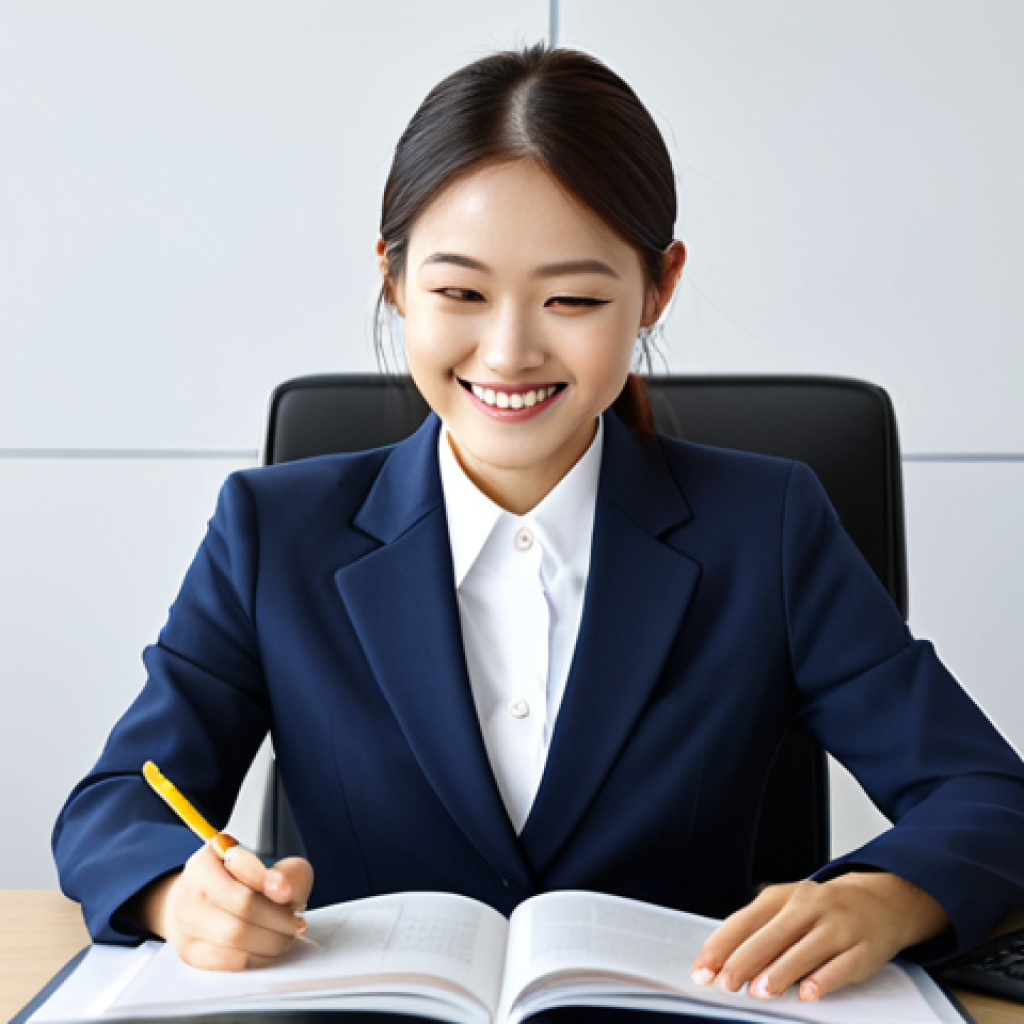 **
A young woman in a professional business suit, sitting at a modern desk in a bright office, reading "7つの習慣" (Seven Habits). She is smiling slightly, with a cup of coffee nearby. Fully clothed, modest clothing, appropriate attire. Safe for work, perfect anatomy, correct proportions, natural pose, professional photography, high quality.
**