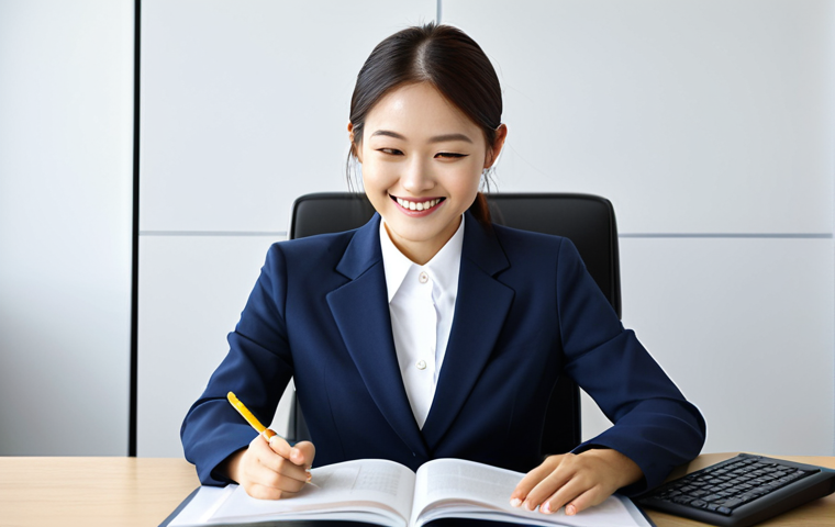 **

A young woman in a professional business suit, sitting at a modern desk in a bright office, reading "7つの習慣" (Seven Habits). She is smiling slightly, with a cup of coffee nearby.  Fully clothed, modest clothing, appropriate attire.  Safe for work, perfect anatomy, correct proportions, natural pose, professional photography, high quality.

**