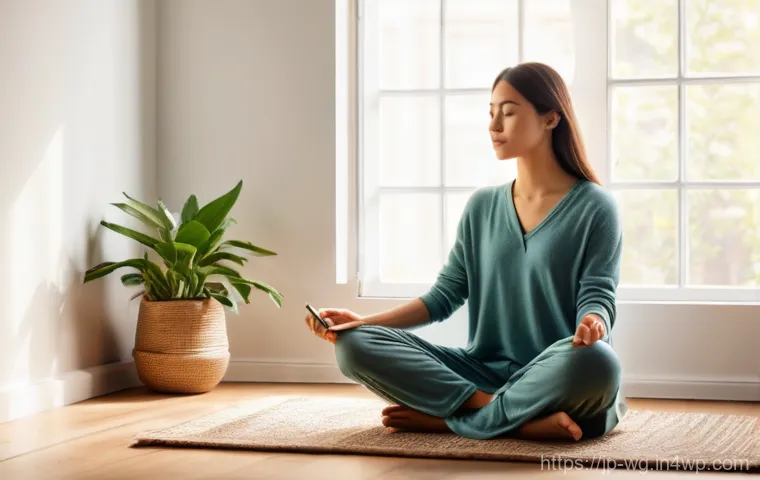 아침 루틴으로 생산성 높이는 법 - **Prompt 1: Peaceful Morning Digital Detox and Mindfulness**
A serene young woman, dressed in co...