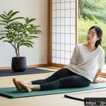 아침 루틴의 중요성에 대한 인식 제고 - A serene Japanese-style bedroom bathed in soft morning light, featuring a young adult woman in comfo...