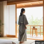 아침 루틴 계획을 위한 체크리스트 - A serene modern Japanese bedroom bathed in soft natural morning sunlight streaming through large win...