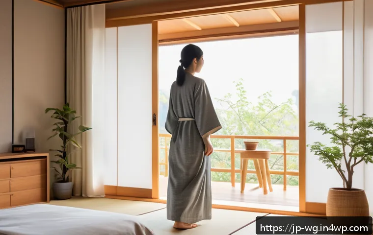 아침 루틴 계획을 위한 체크리스트 - A serene modern Japanese bedroom bathed in soft natural morning sunlight streaming through large win...