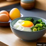 아침 루틴에 적합한 아침 식사 아이디어 - A cozy Japanese-style kitchen scene in the early morning light, featuring a simple microwave steamin...