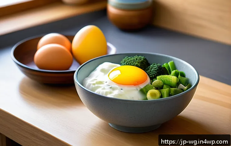 아침 루틴에 적합한 아침 식사 아이디어 - A cozy Japanese-style kitchen scene in the early morning light, featuring a simple microwave steamin...